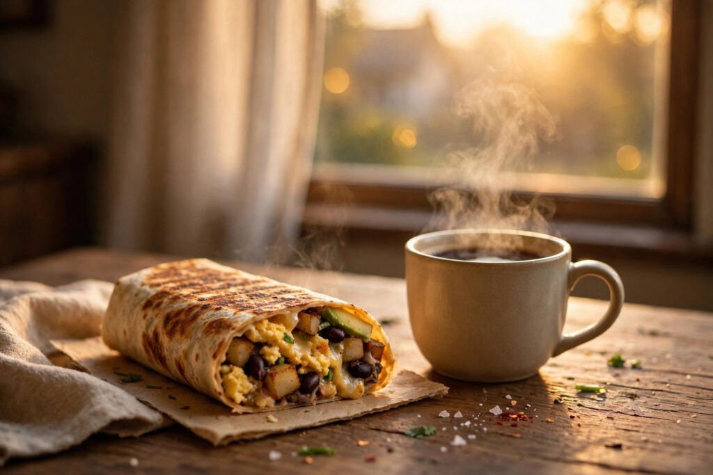 Breakfast burrito and coffee in morning light