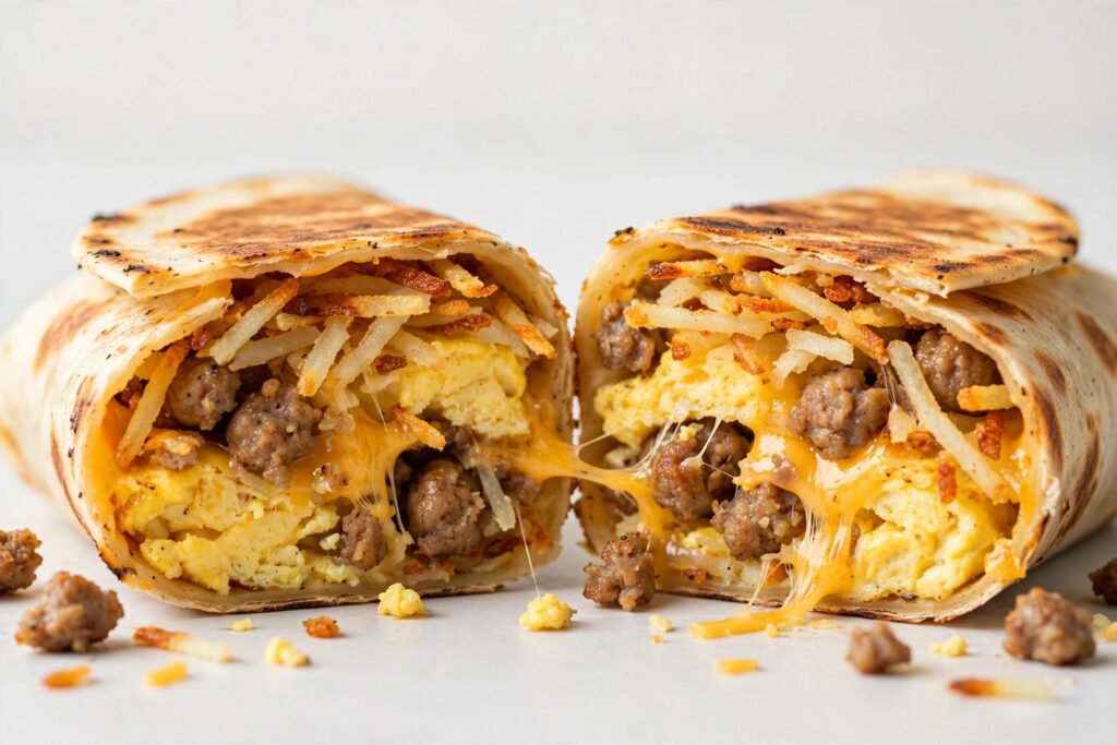 Breakfast crunchwrap cut in half showing eggs and cheese